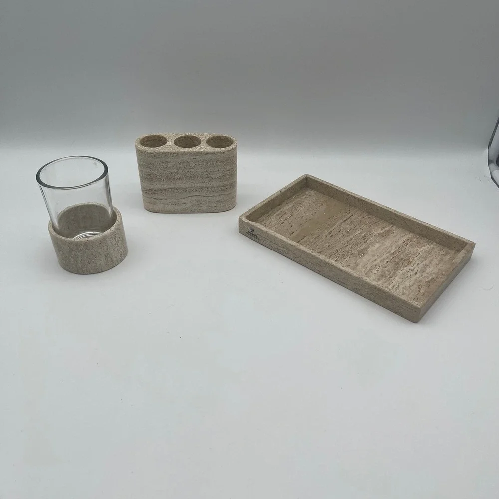 WaterStone Inc Genuine Marble Travertine 3 Piece Bathroom‎ Vanity Accessory Set